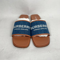 Burberry Blue Denim Carolyn Logo Leather Flats Size 38.5