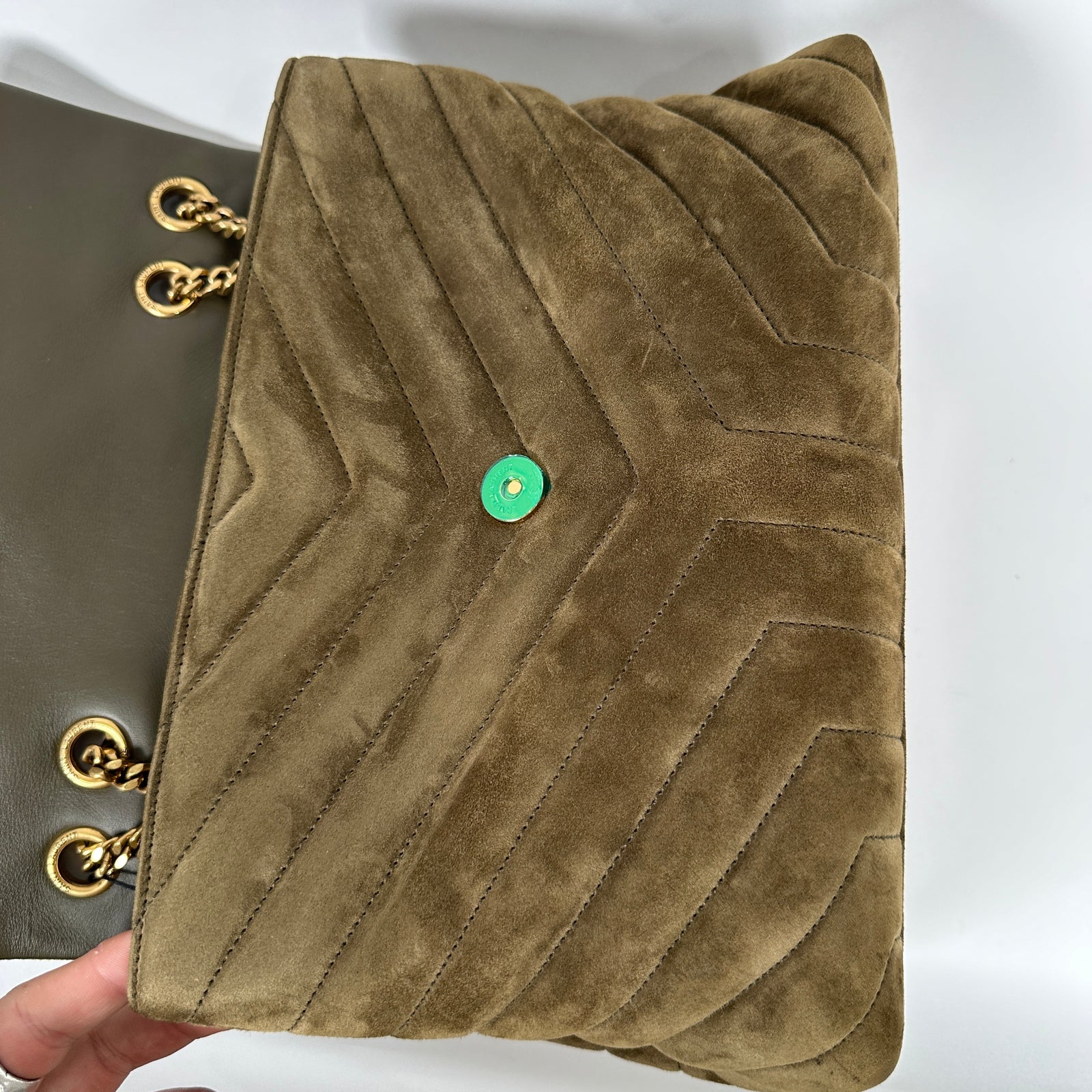 Saint Laurent LouLou Khaki Medium Suede Flap Shoulder Bag