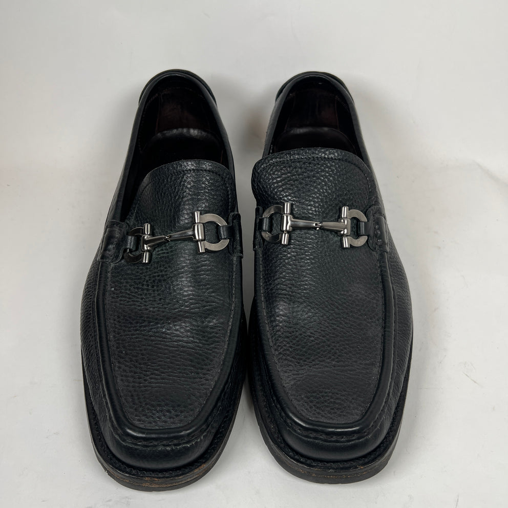 Ferragamo Black Square Toe Leather Loafers Size 10.5