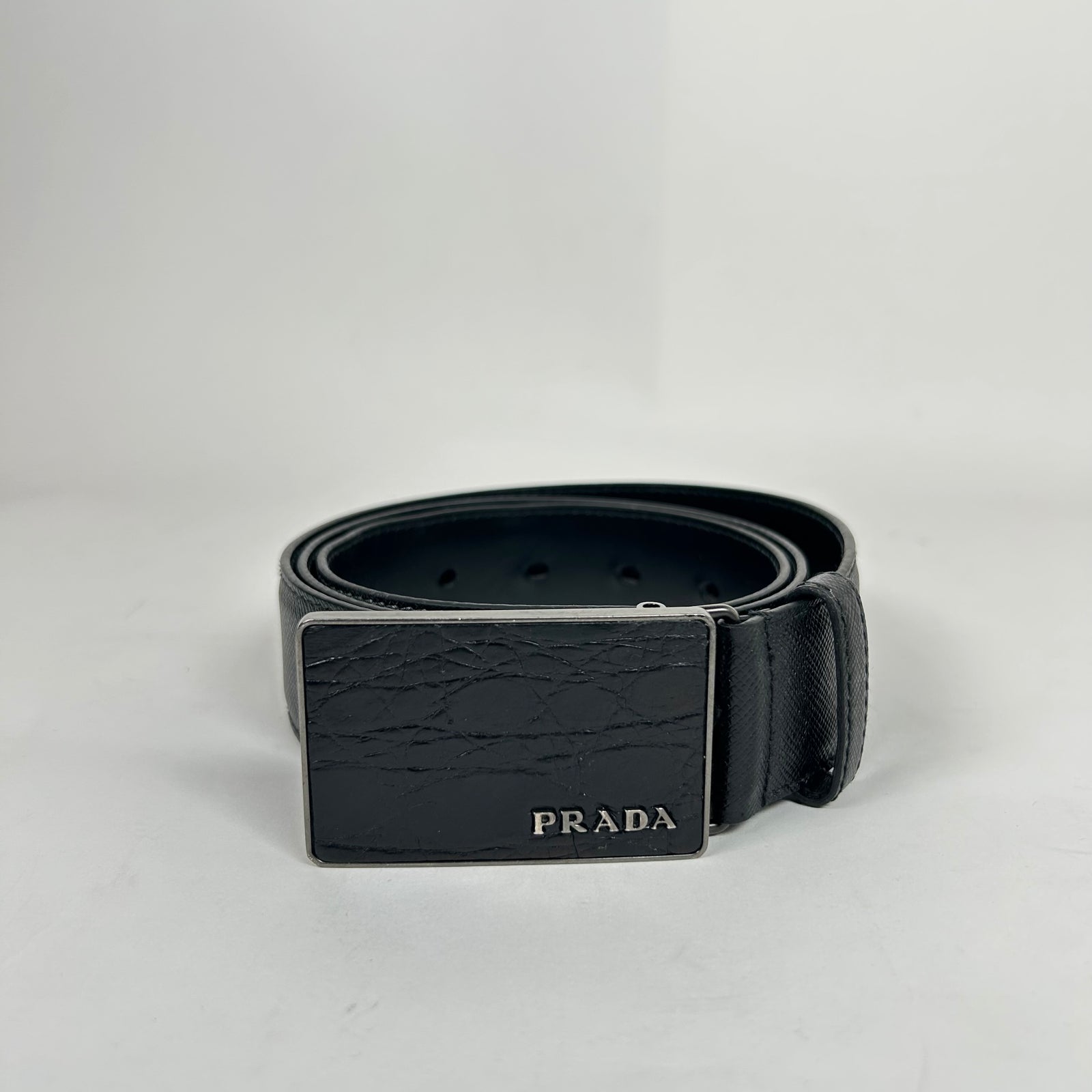Prada Black Alligator Logo Belt Size 90