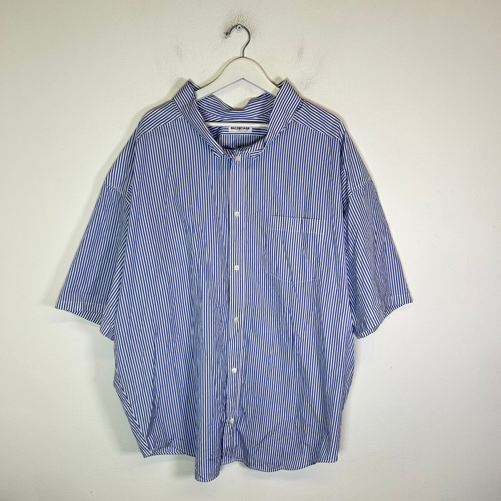 Balenciaga Blue Striped Back Logo Button-Up Shirt Size XL