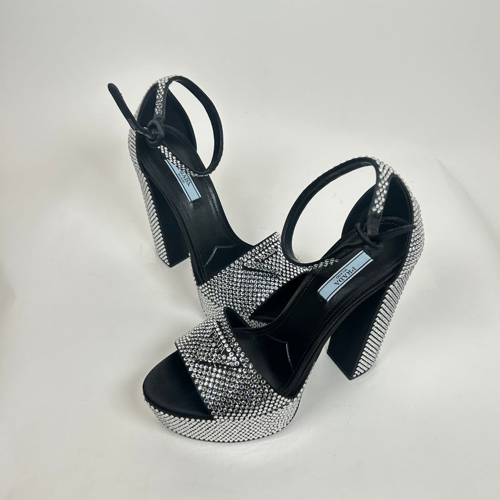 Prada Satin Crystal Embellished Platform Sandals Size 38