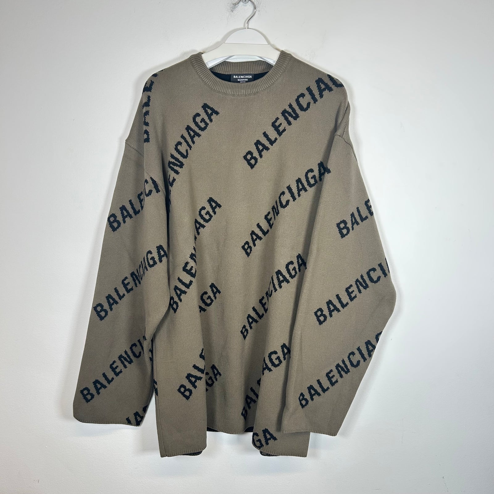 Balenciaga Brown Intarsia All Over Logo Knit Sweater Size L