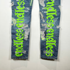 Endless Neon Green Embroidered Blue Denim Jeans Size 36