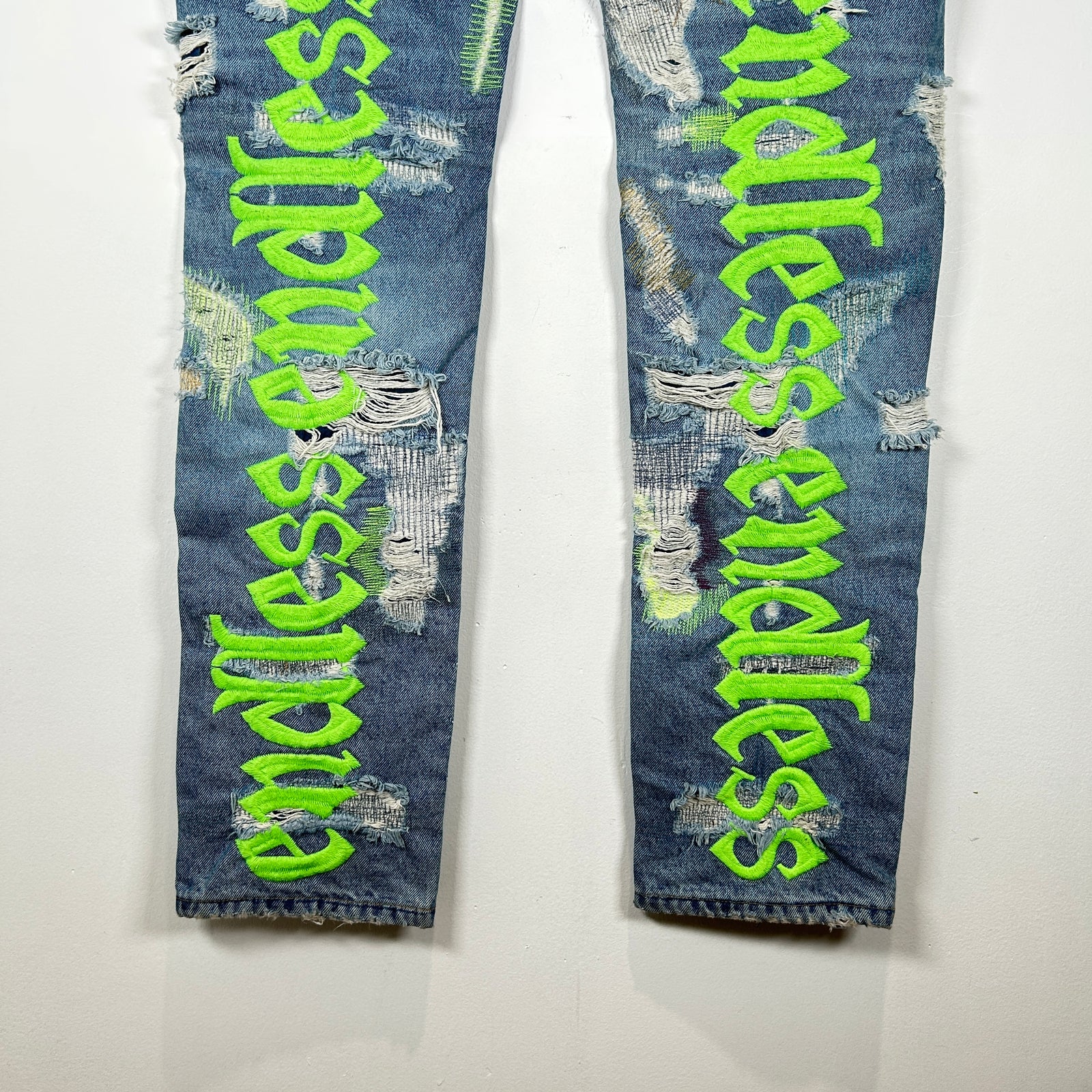 Endless Neon Green Embroidered Blue Denim Jeans Size 36