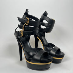 Gucci Black/Gold Lifford Platform Sandal Heels Size 38.5