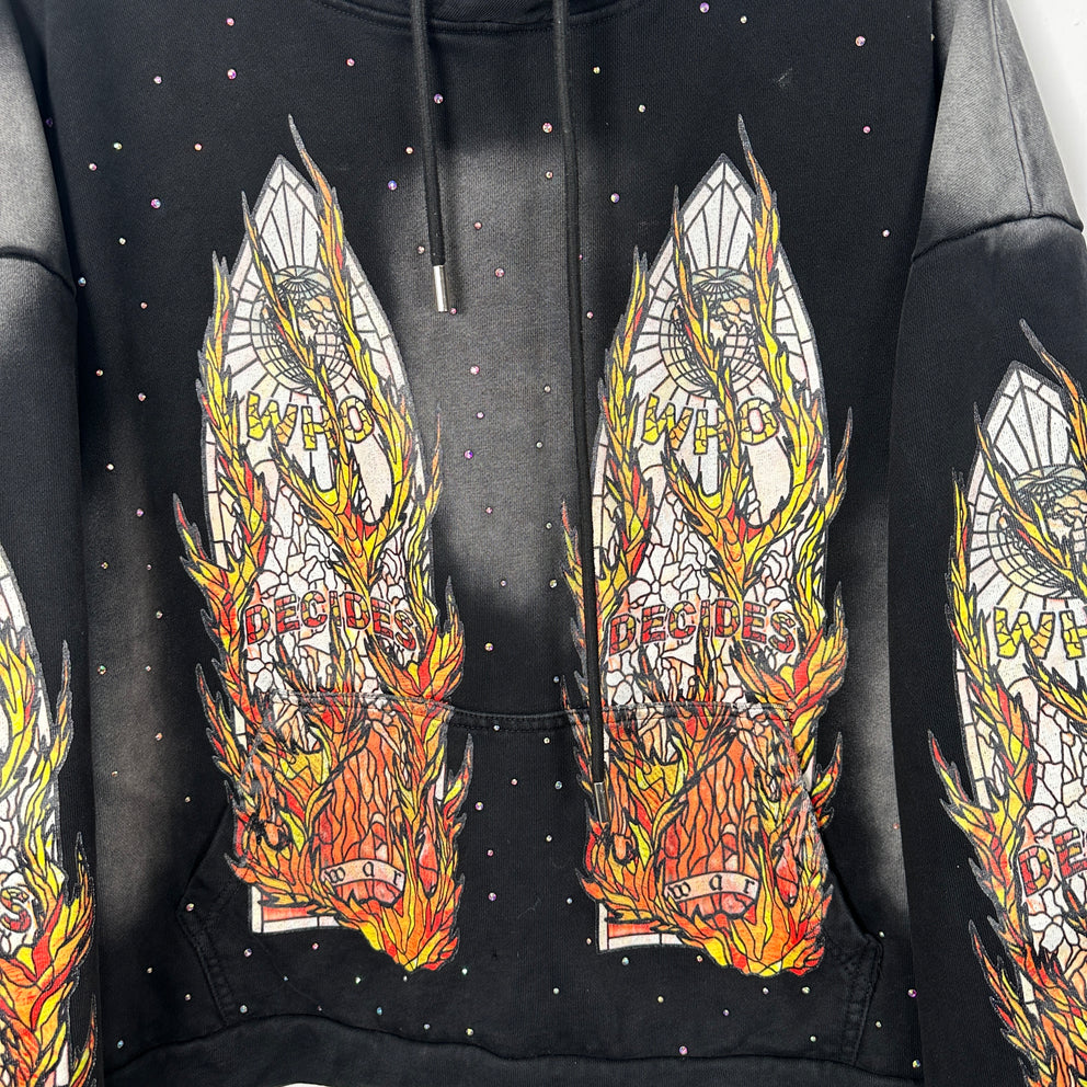 Who Decides War Flame Stained Glass Rhinestone Black Hoodie Size L