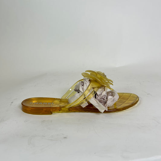 Chanel Yellow Camellia CC Jelly Sandals Size 38