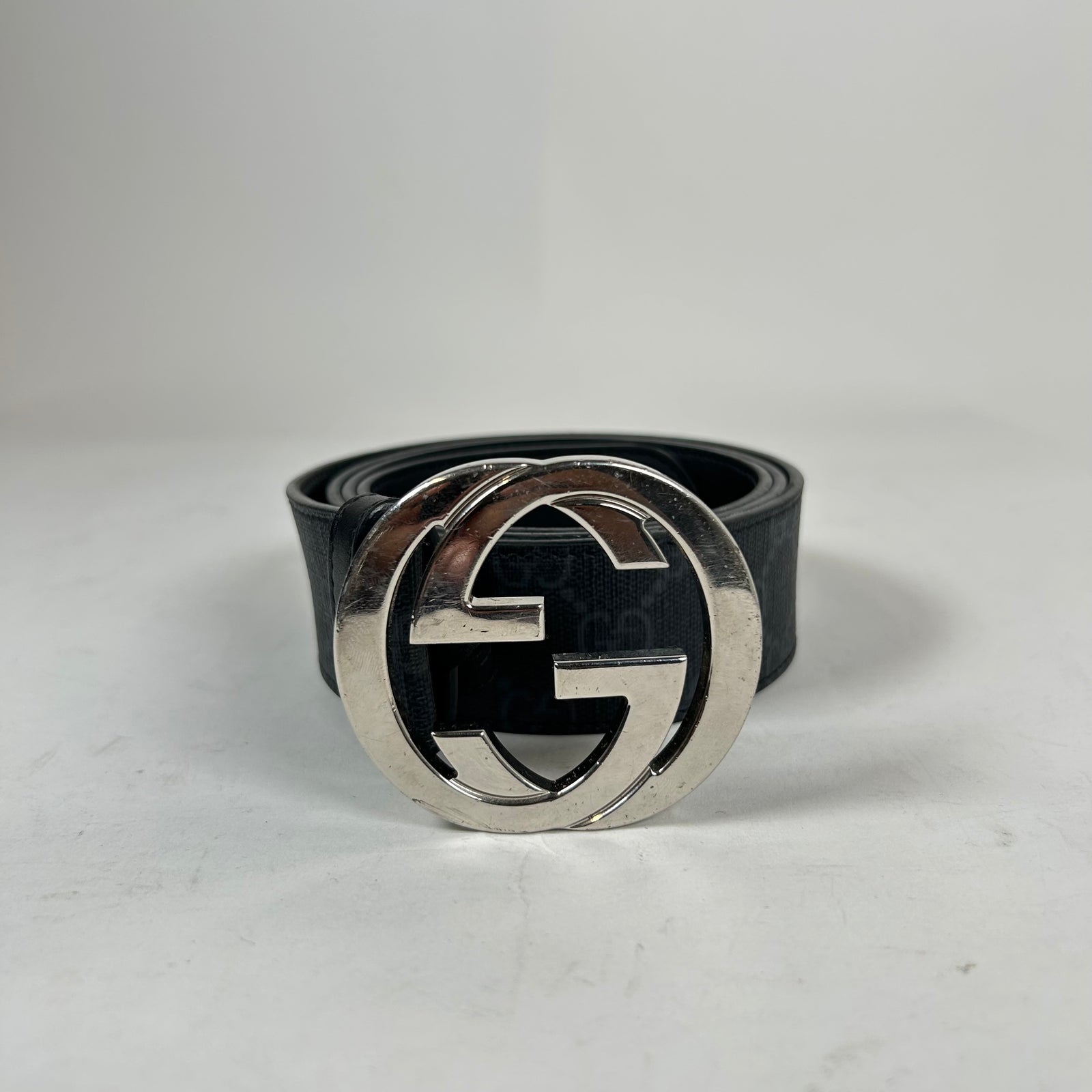 Gucci Black/Silver GG Supreme Signature Belt Size 100