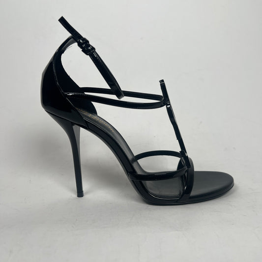 Saint Laurent Black Cassandra Patent Leather Sandals Size 38.5