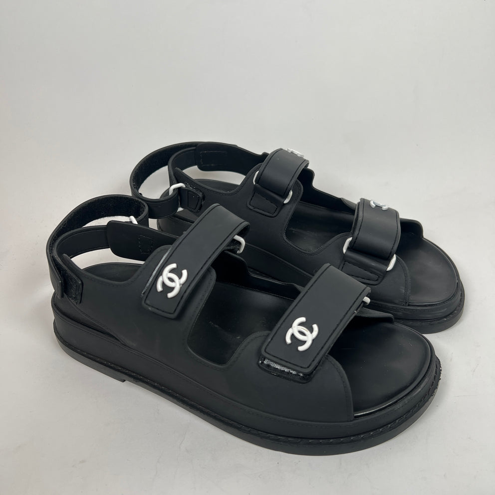 Chanel Black Rubber CC Dad Slingback Sandals Size 39