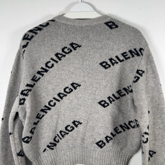 Balenciaga Wool Knit Grey All Over Logo Cropped Sweater Size M