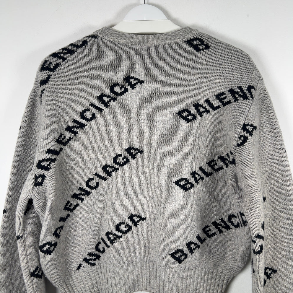 Balenciaga Wool Knit Grey All Over Logo Cropped Sweater Size M