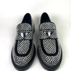 Prada Crystal Embellished Triangle Logo Loafers