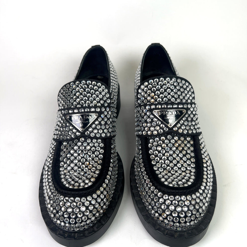 Prada Crystal Embellished Triangle Logo Loafers