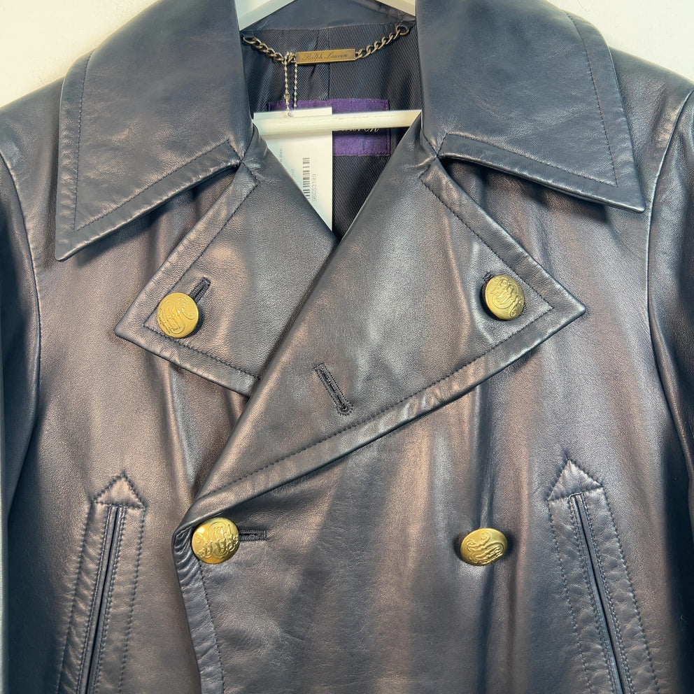 Ralph Lauren Purple Label Navy Leather Blazer Jacket Size S