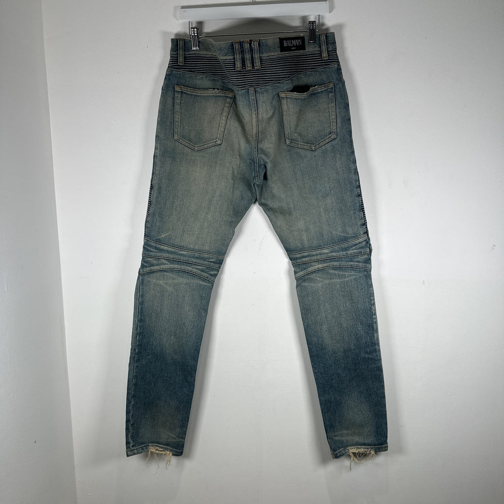 Balmain Distressed Biker Light Wash Jeans