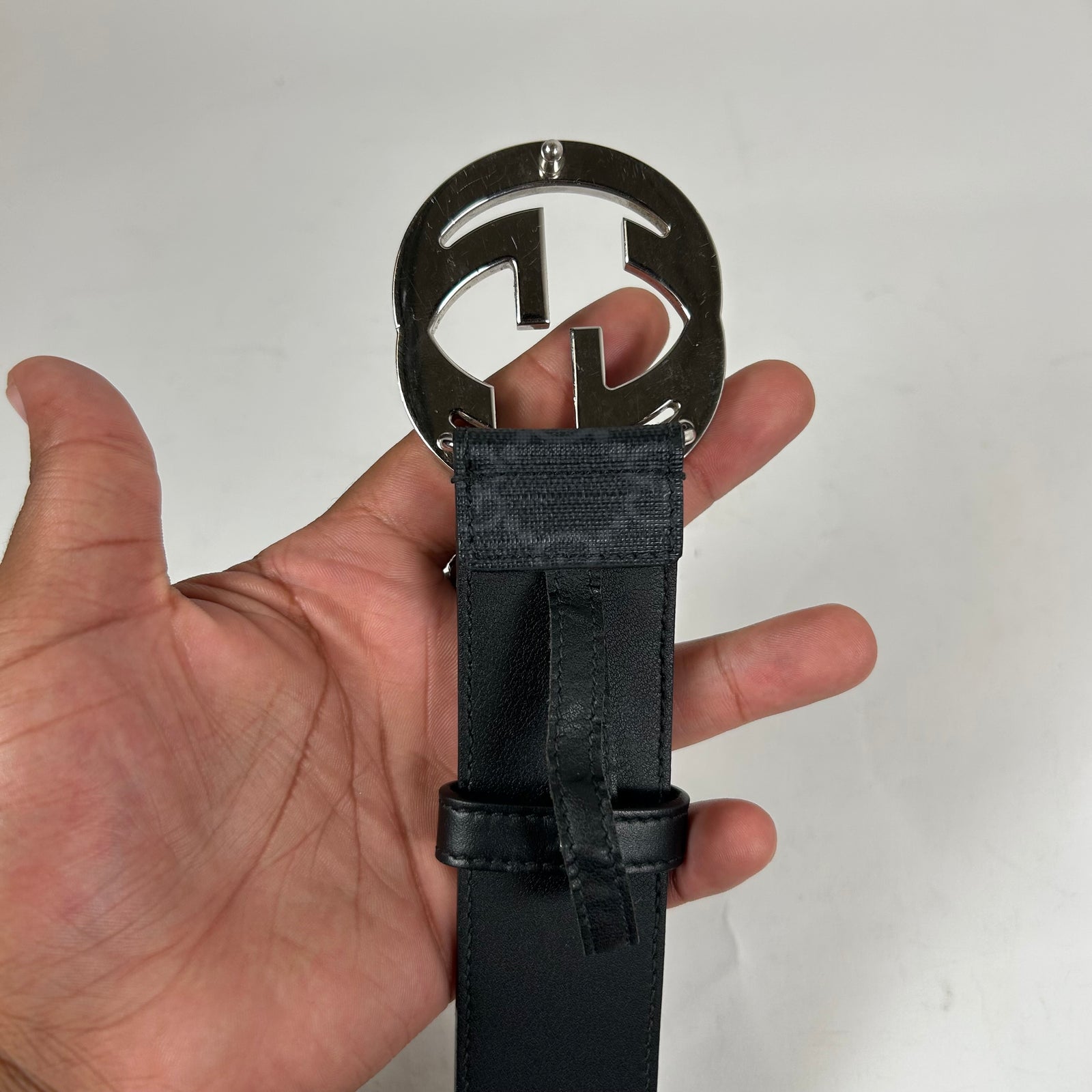 Gucci Black/Silver GG Supreme Signature Belt Size 100
