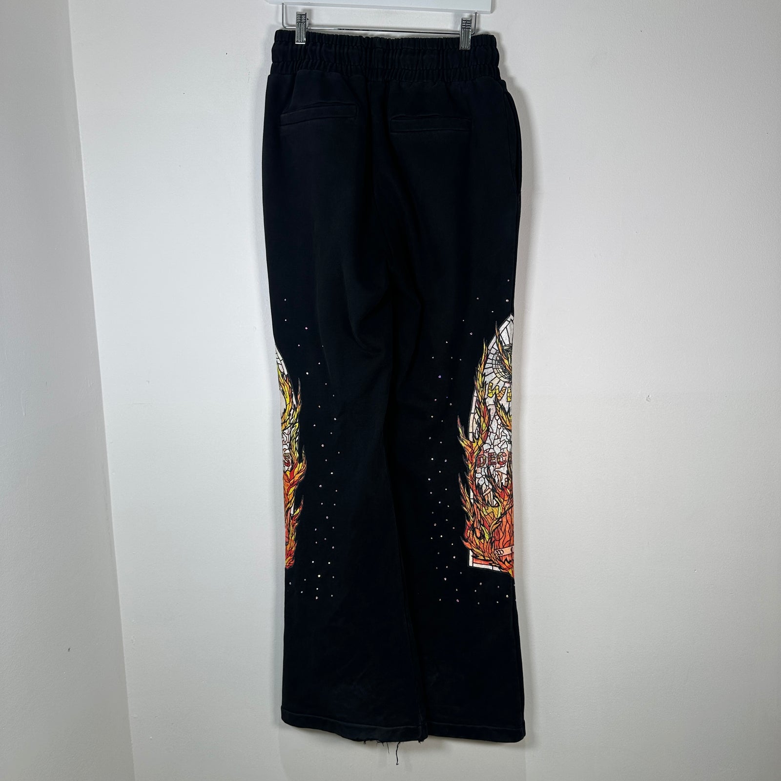Who Decides War Flame Stained Glass Rhinestone Black Sweatpants Size L