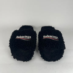Balenciaga Black Campaign Logo Fur Slides Size 11