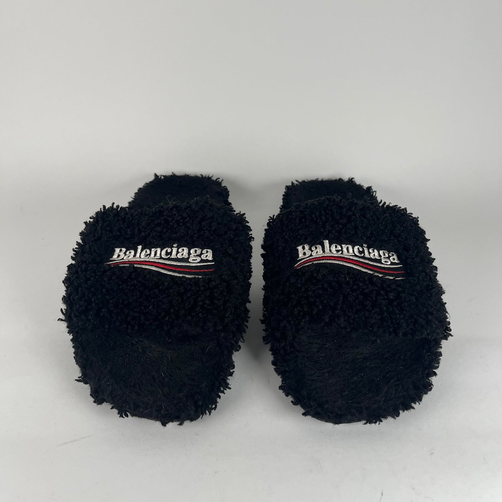 Balenciaga Black Campaign Logo Fur Slides Size 11