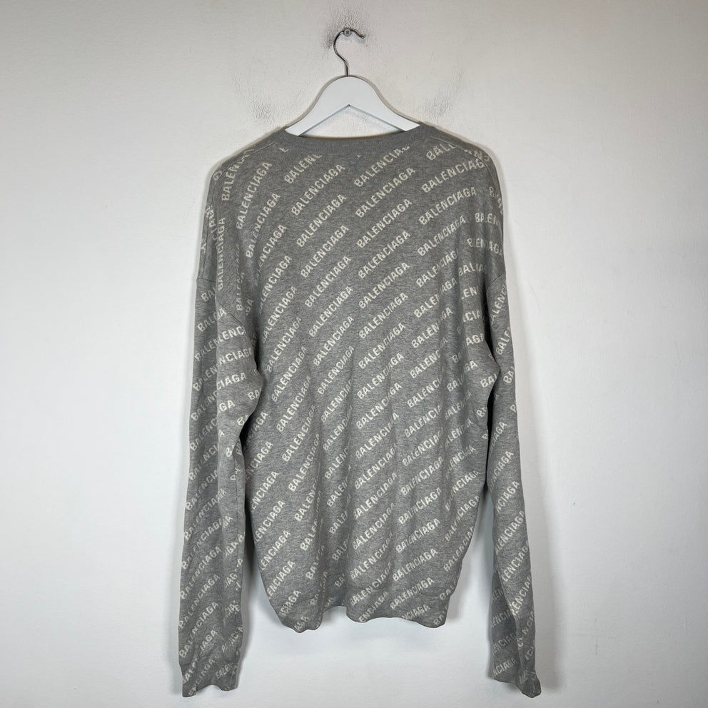 Balenciaga Grey/White Mini Allover Logo Intarsia Sweater Size M