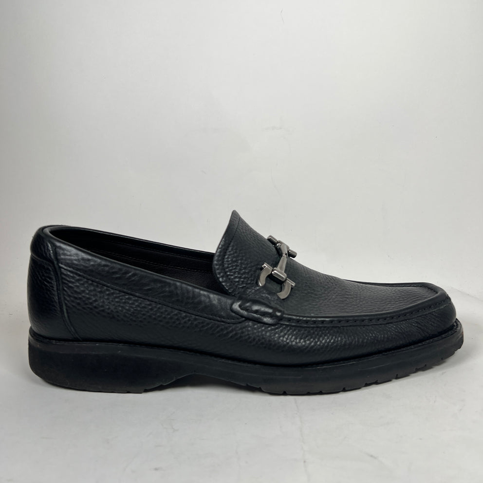 Ferragamo Black Square Toe Leather Loafers Size 10.5