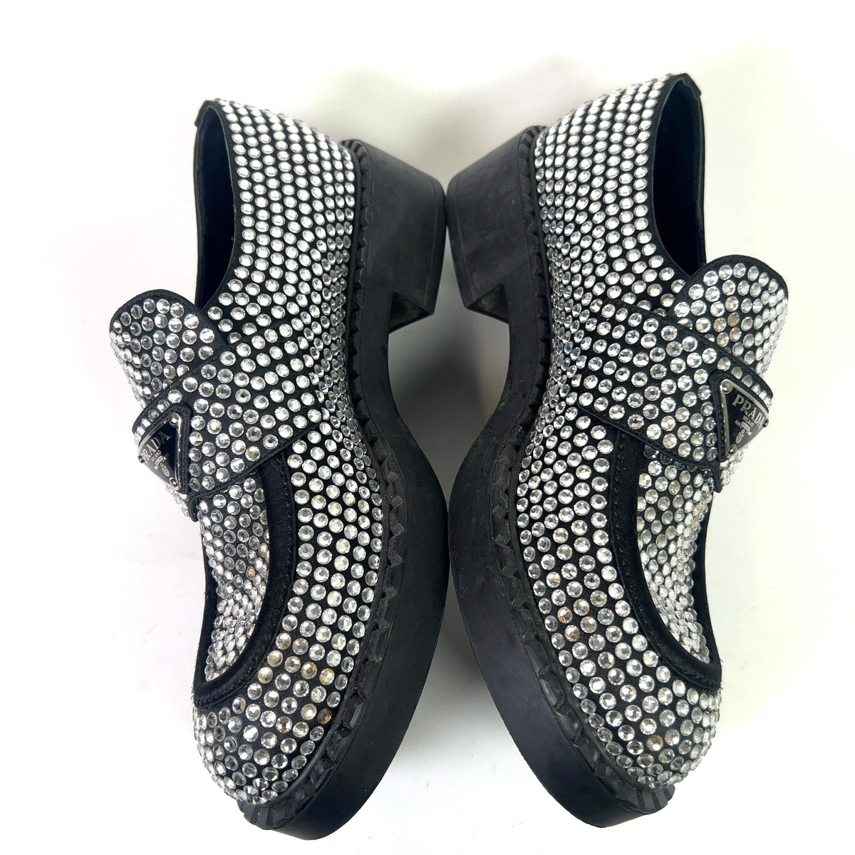 Prada Crystal Embellished Triangle Logo Loafers