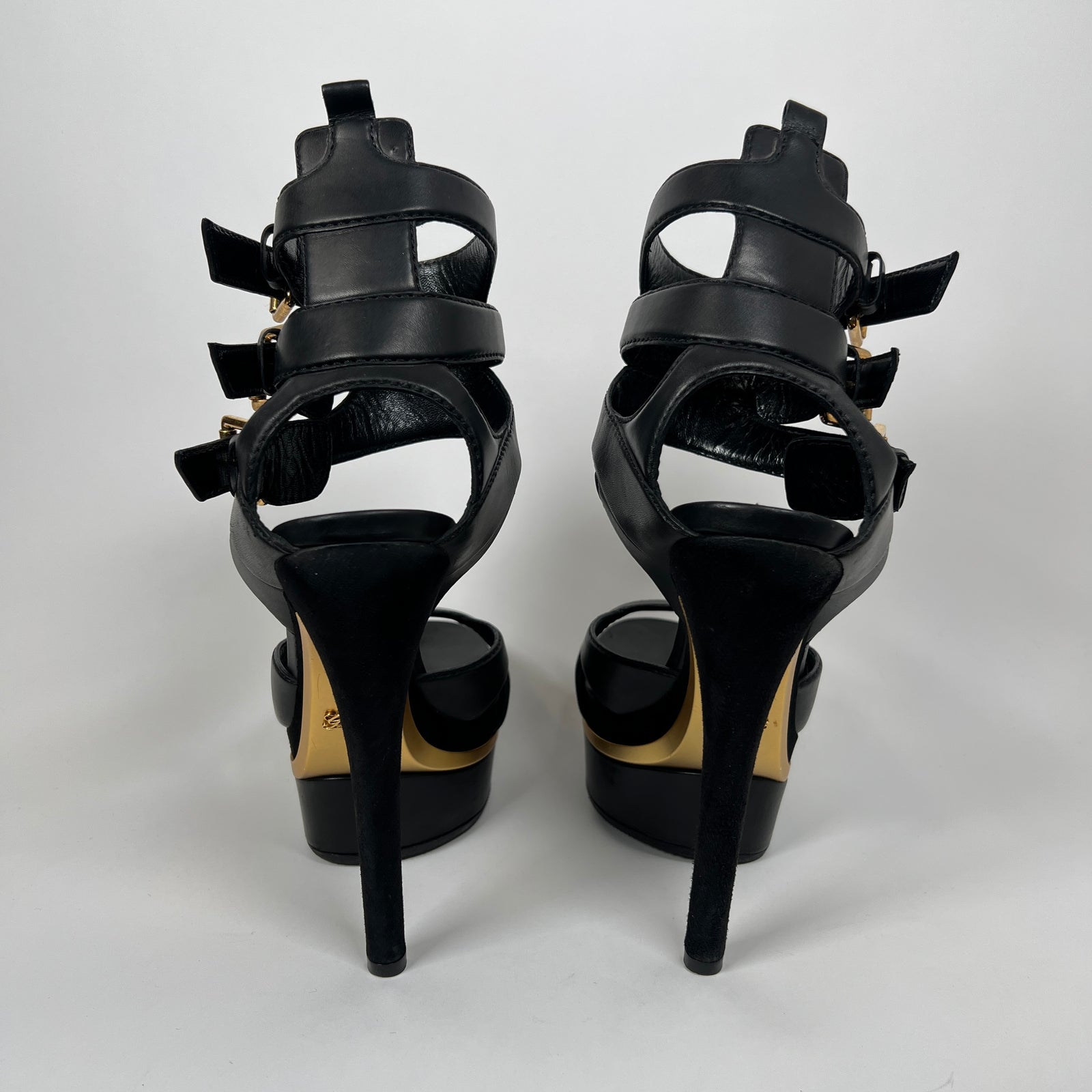 Gucci Black/Gold Lifford Platform Sandal Heels Size 38.5