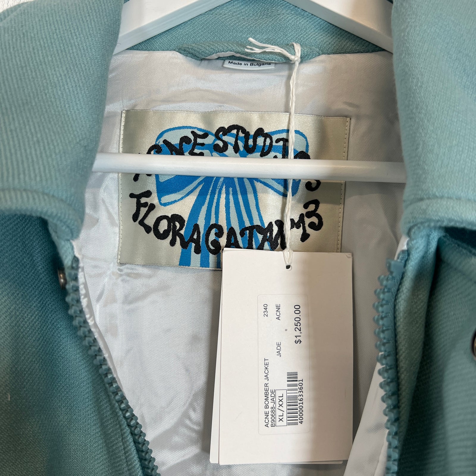 Acne Studios Light Blue Embroidered Logo Bomber Jacket Size XL