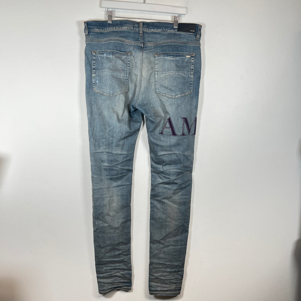Amiri Lightwash Purple Serif Thigh Logo Jeans Size 38