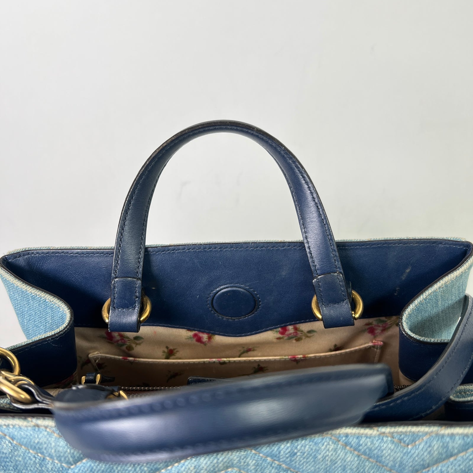 Gucci Washed Denim Pearl GG Marmont Tote Bag