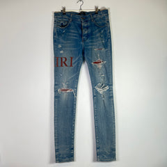 Amiri Clay Indigo Leather Stitch Logo Jeans Size 33