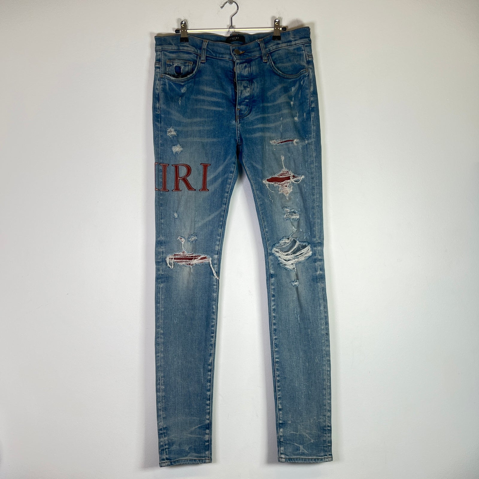 Amiri Clay Indigo Leather Stitch Logo Jeans Size 33