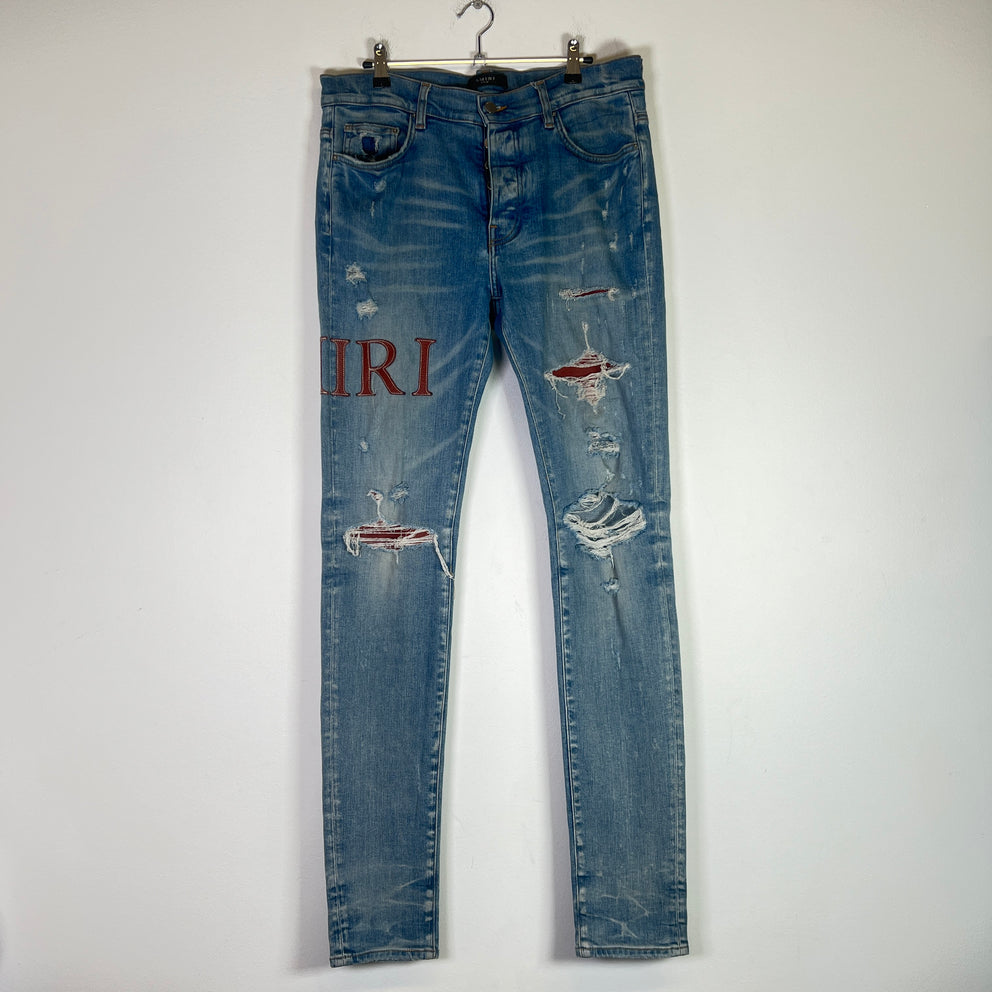 Amiri Clay Indigo Leather Stitch Logo Jeans Size 33