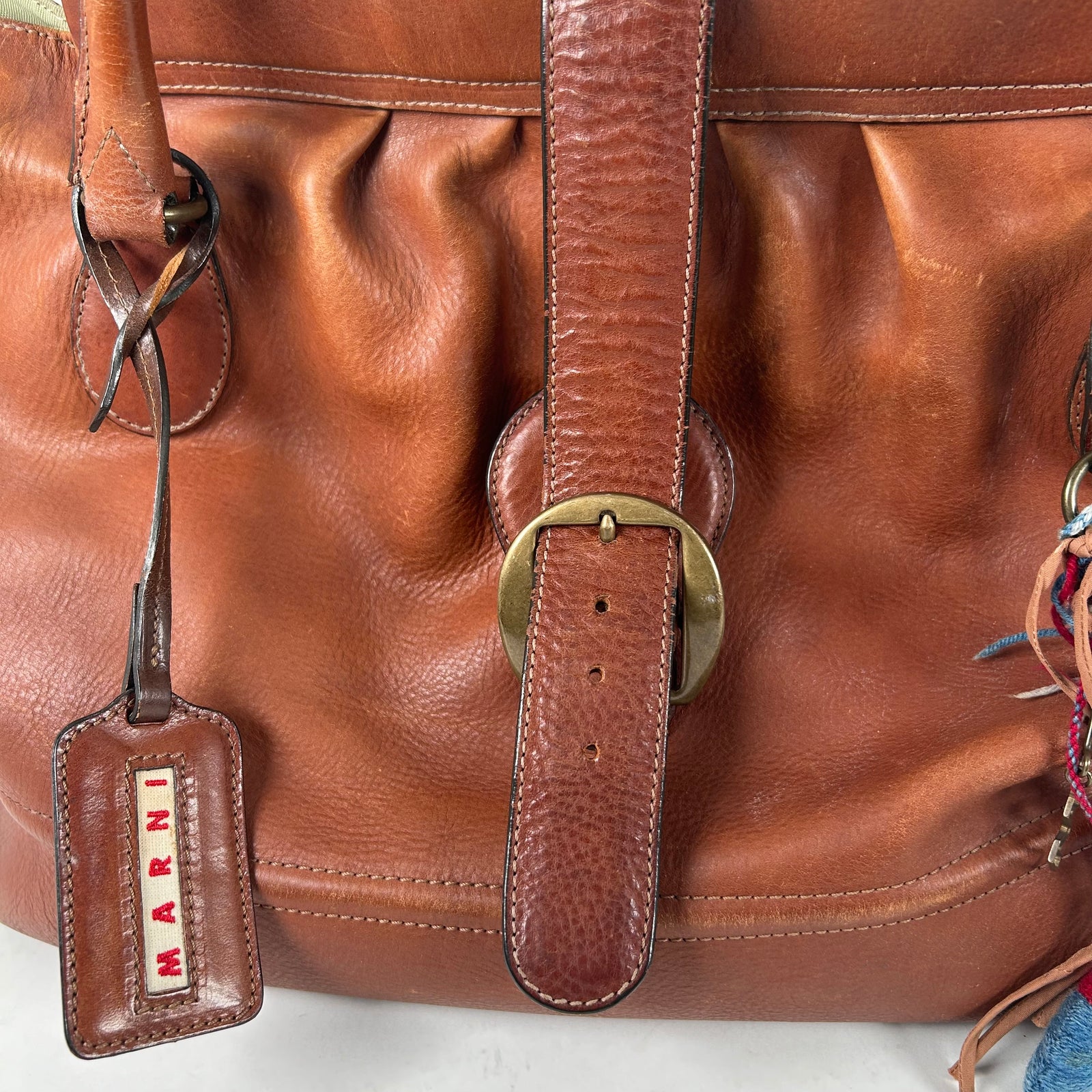 Marni Brown Buckle Charm Leather Tote Bag