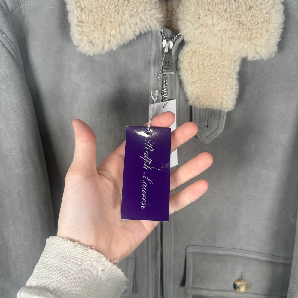 Ralph Lauren Purple Label Grey Sherling Leather Bomber Jacket Size S