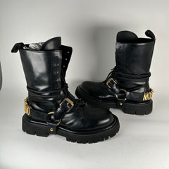 Moschino Logo Harnes Lug Sole Combat Boots Size 42