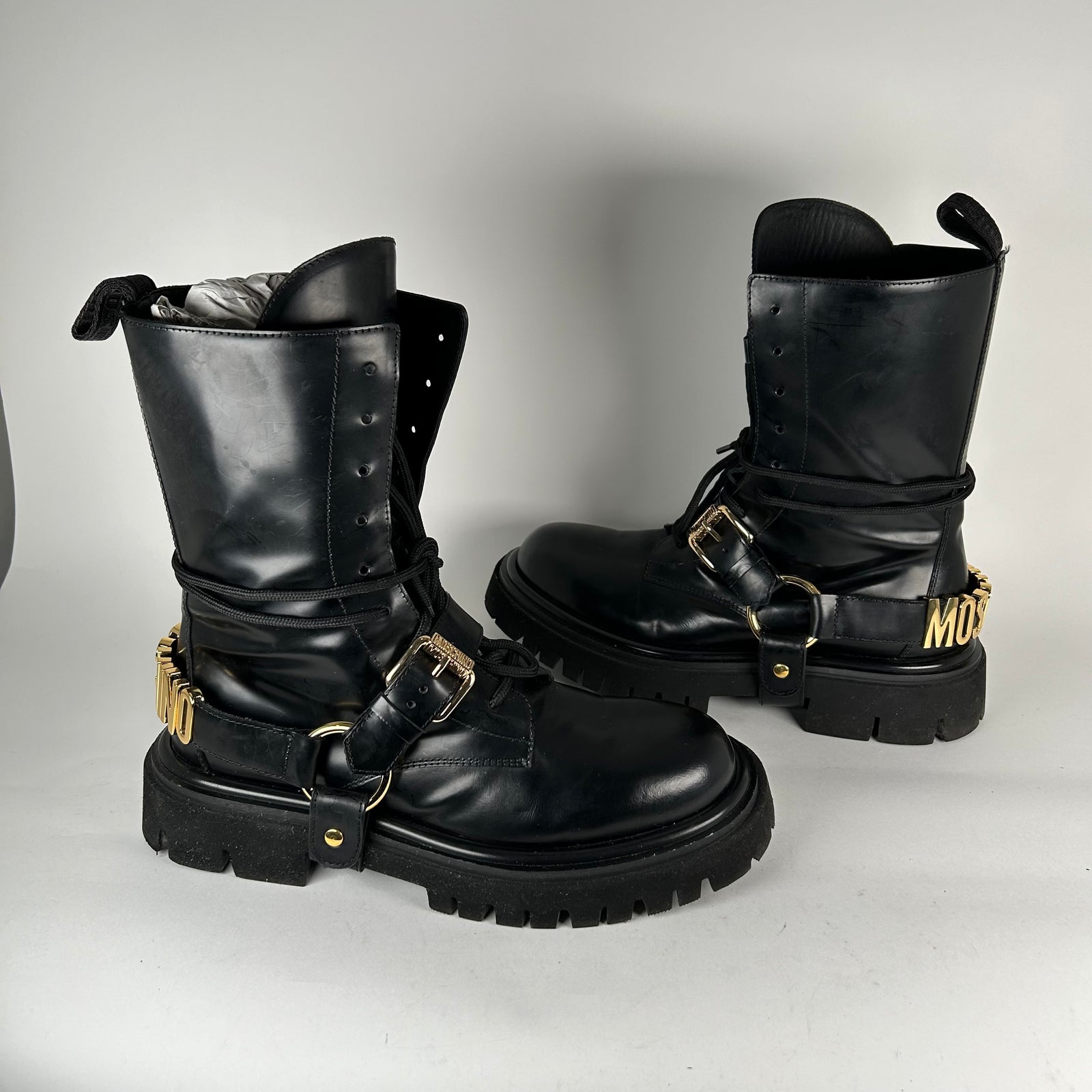 Moschino Logo Harnes Lug Sole Combat Boots Size 42