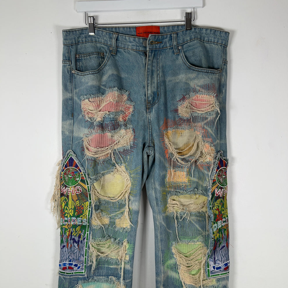 Who Decides War Distressed Stained Glass Window Pane Jeans