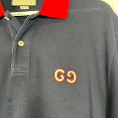 Gucci Navy GG Embroidered Polo Shirt Size L