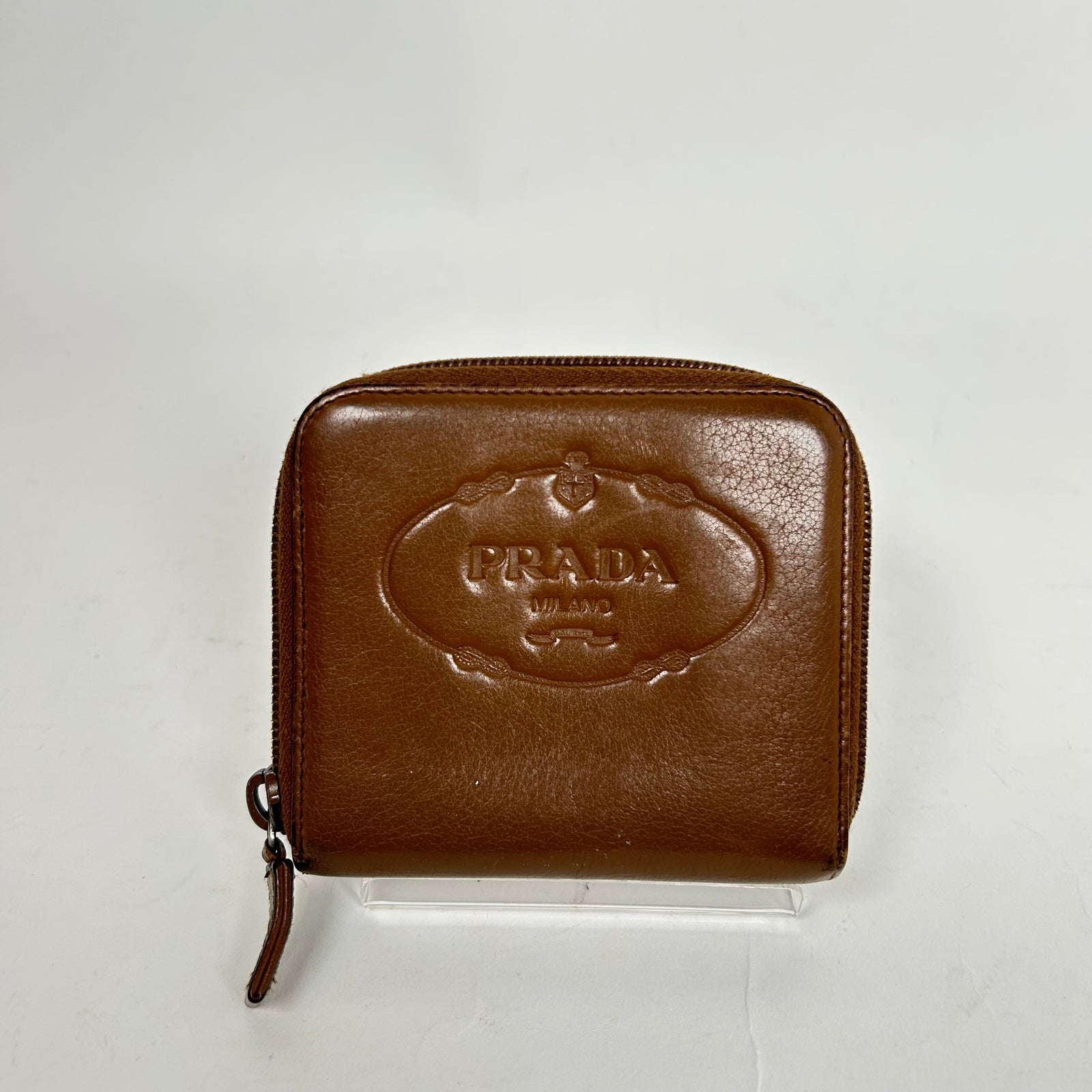 Prada Brown Leather Zip-Around Compact Wallet