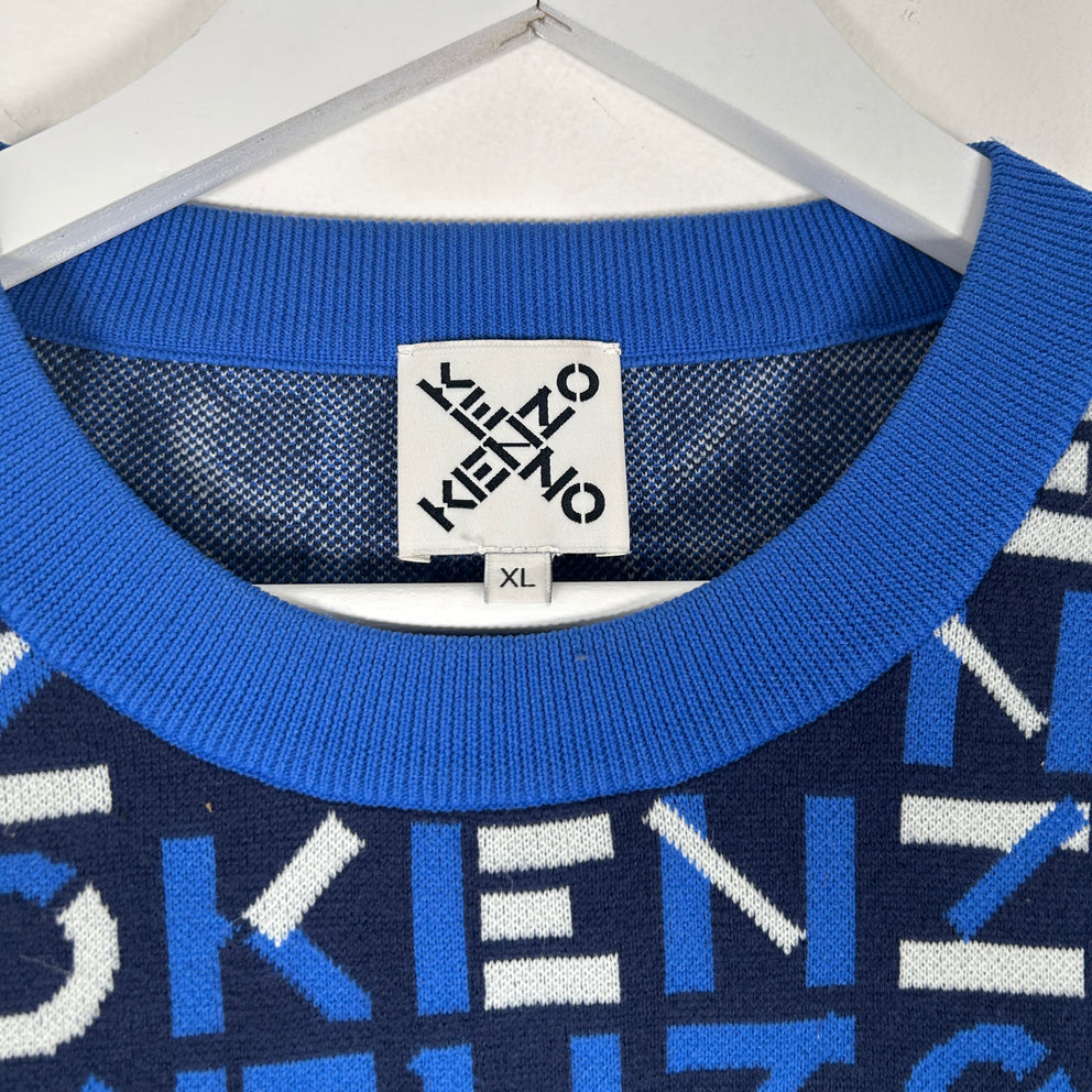 Kenzo Blue All Over Print Knit Sweater Size XL