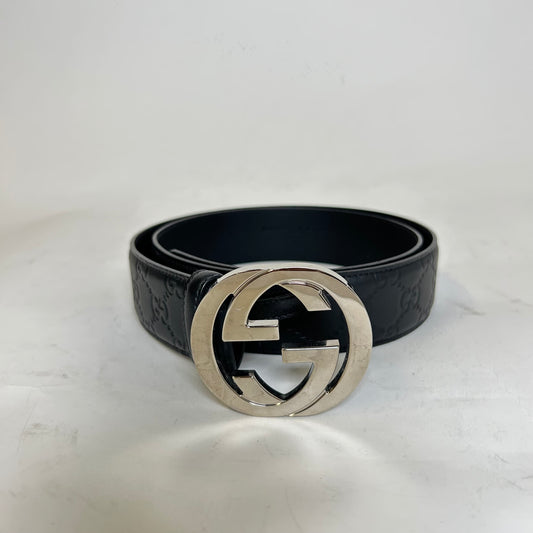 Gucci Black Interlocking G Logo Leather Belt Size 95