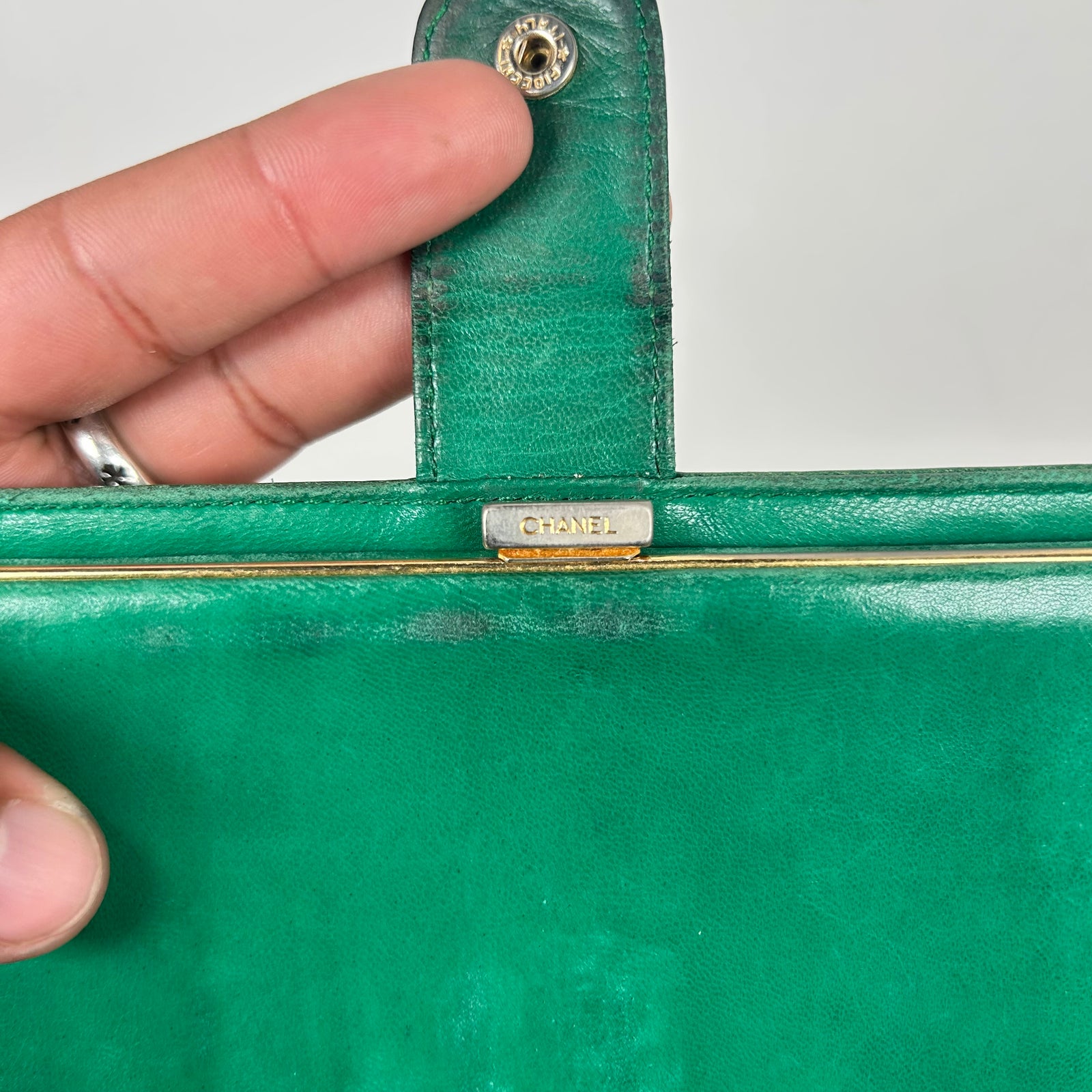Chanel Green Pebbled Leather Bi-Fold Wallet