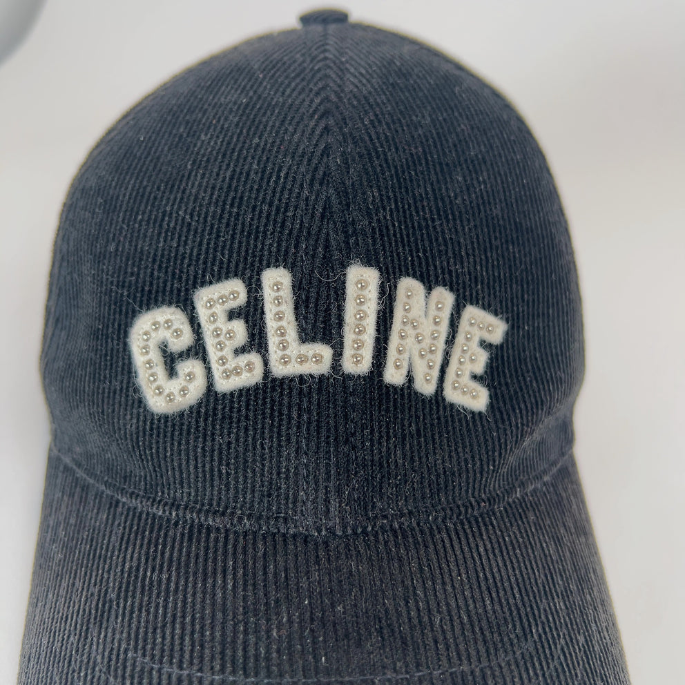 Celine Corduroy Studded Logo Hat