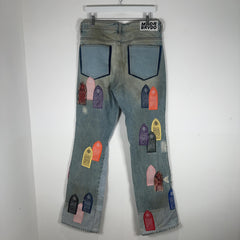 Who Decides War Multi-Logo Leather Patch Jeans Size 32