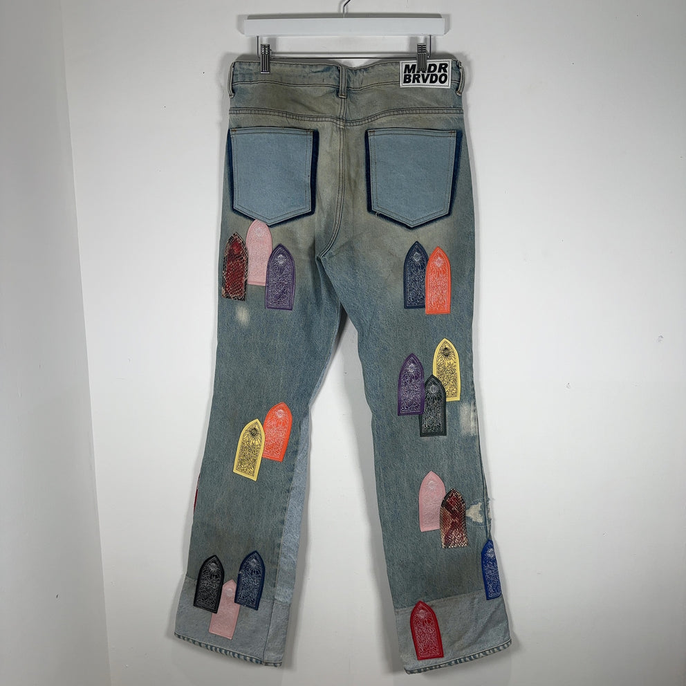 Who Decides War Multi-Logo Leather Patch Jeans Size 32
