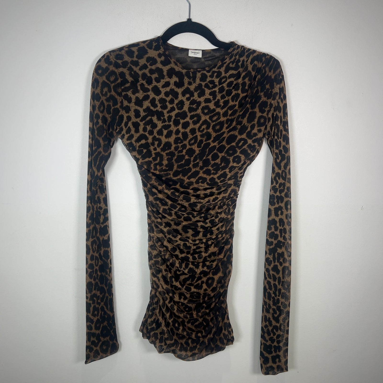 Saint Laurent Leopard Printed Ruched Mesh Mini Dress