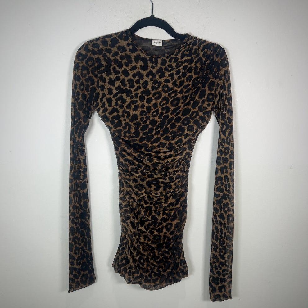 Saint Laurent Leopard Printed Ruched Mesh Mini Dress